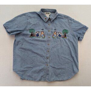Lauren Brooke Women's Denim Top Size 22W Bear Embroidered Short Sleeve Cottage